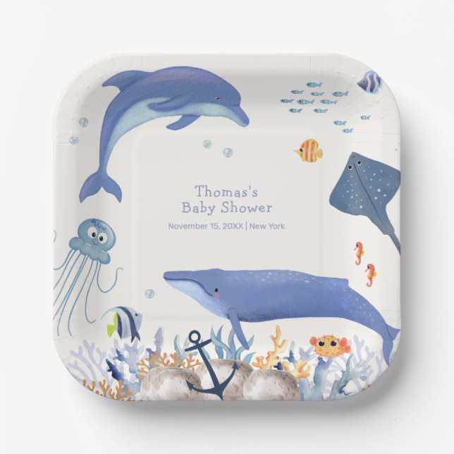 Blue Rustic Ocean Dolphin Whale Boy Baby Shower  Paper Plate (Front)