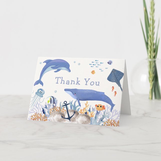Blue Rustic Ocean Dolphin Whale Boy Baby Shower  Thank You Card (Front)