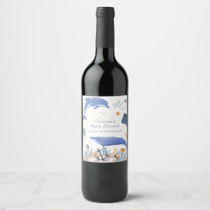 Blue Rustic Ocean Dolphin Whale Boy Baby Shower  Wine Label