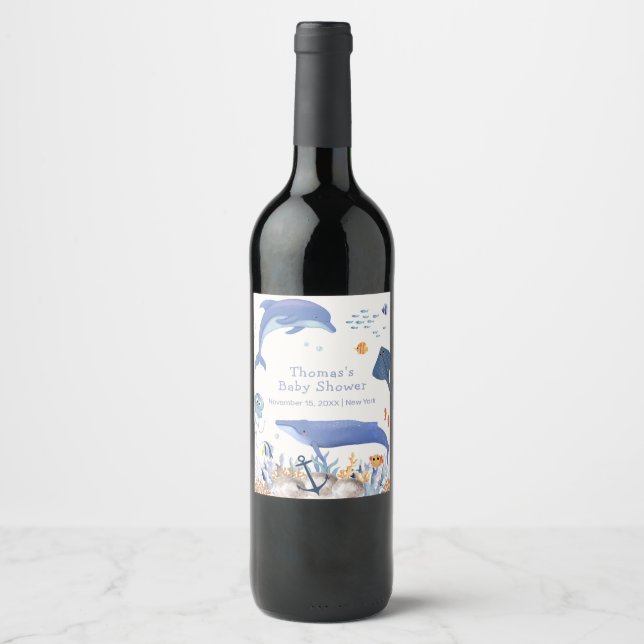 Blue Rustic Ocean Dolphin Whale Boy Baby Shower  Wine Label (Front)