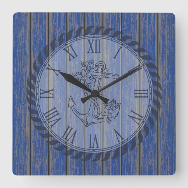 Blue Rustic Painted Wood Floral Nautical Anchor Square Wall Clock (Front)