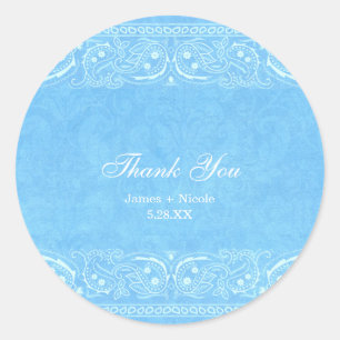 Blue Rustic Paisley Country Western Wedding Classic Round Sticker