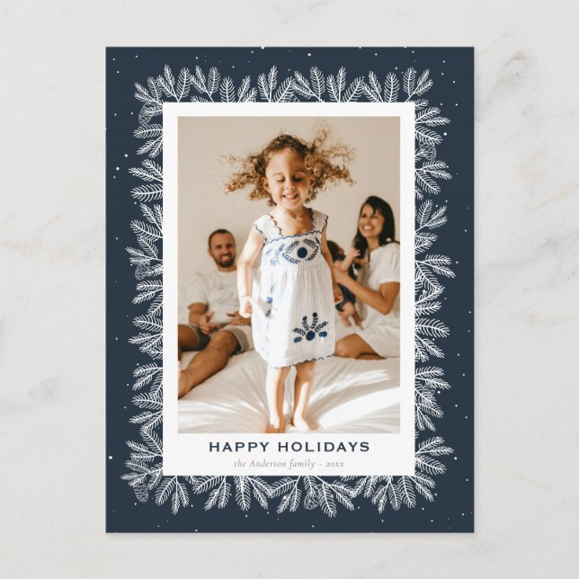 Blue Rustic Pine Snow Photo Happy Holiday Postcard (Front)