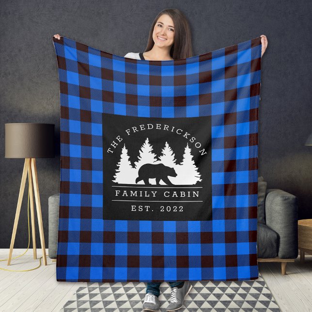 Blue Rustic Plaid Bear Woods Family Cabin Fleece Blanket (Creator Uploaded)