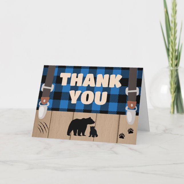 Blue Rustic Plaid Lumberjack Baby Shower  Thank You Card (Front)