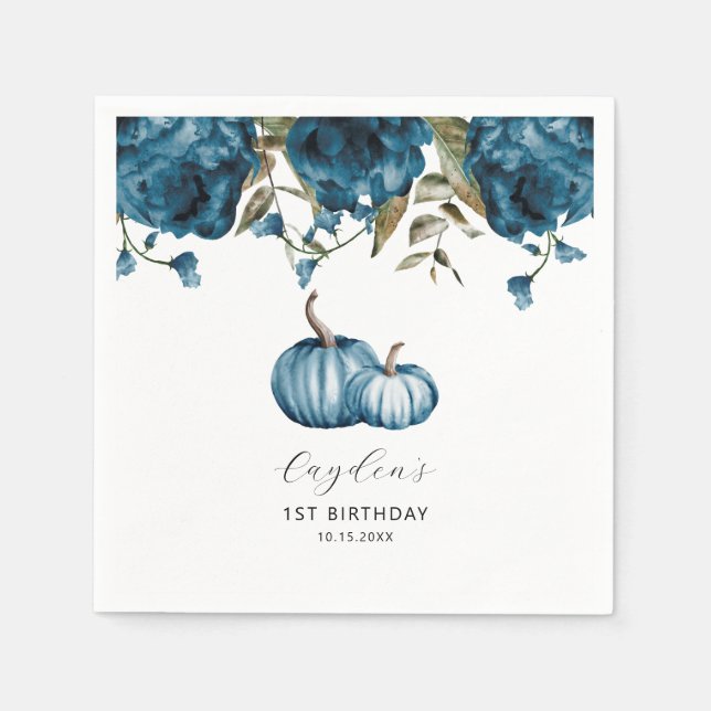 Blue Rustic Pumpkin Fall Birthday Party Napkin (Front)
