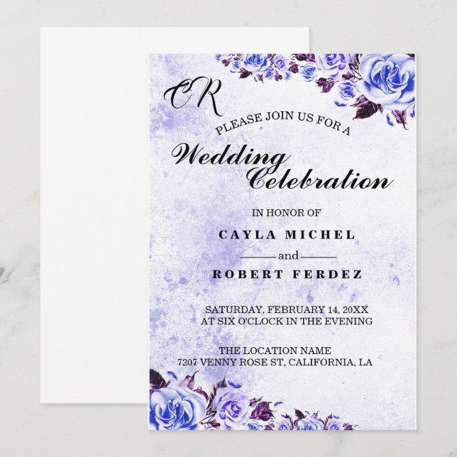 Blue Rustic Purple Rose Wedding Invitation (Front/Back)