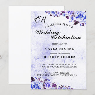 Blue Rustic Purple Rose Wedding Invitation
