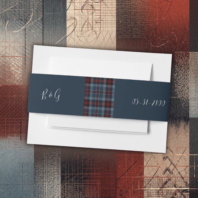 blue rustic scottish celtic tartan wedding invitation belly band (Creator Uploaded)