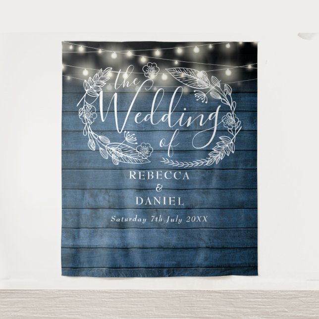 Blue Rustic String Lights Floral Wedding Backdrop Tapestry (Front)