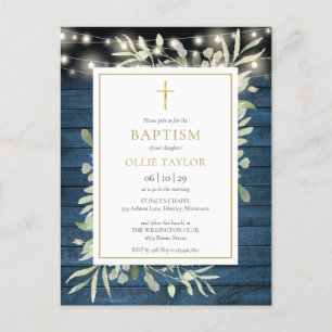 Blue Rustic String Lights Greenery Baptism Invitation Postcard