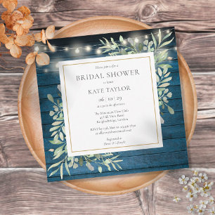 Blue Rustic String Lights Greenery Bridal Shower Invitation