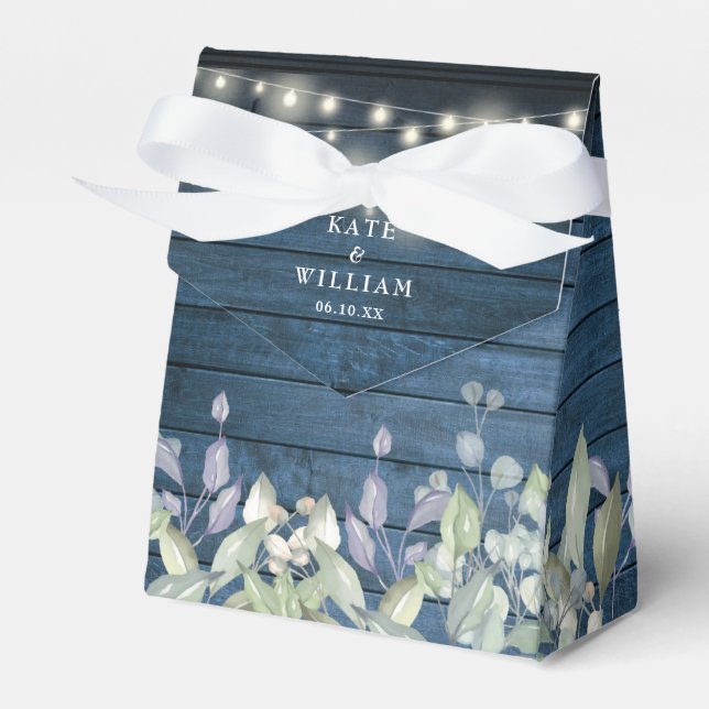 Blue Rustic String Lights Greenery Foliage Wedding Favour Box (Front Side)