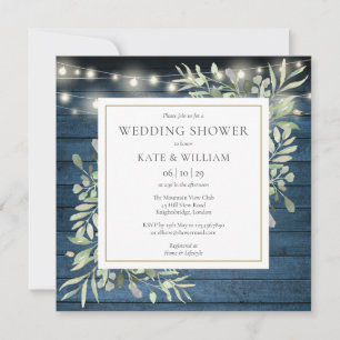 Blue Rustic String Lights Greenery Wedding Shower Invitation