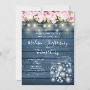 Blue Rustic String Lights Mason Jar Floral Wedding Invitation