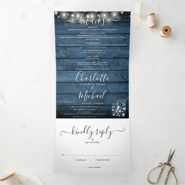 Blue Rustic String Lights Mason Jars Photo Wedding Tri-Fold Invitation (Inside)