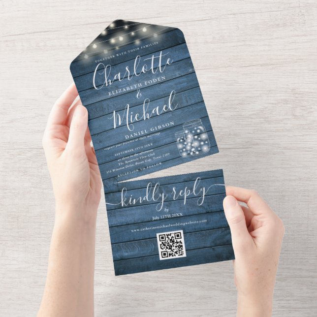 Blue Rustic String Lights Mason Jars QR Wedding Al All In One Invitation (Tearaway)