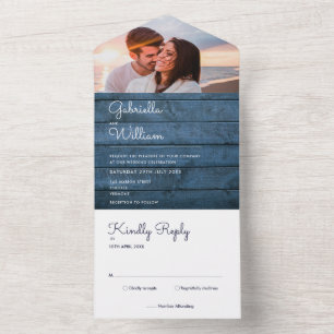 Blue Rustic String Lights Monogram Photo Wedding All In One Invitation