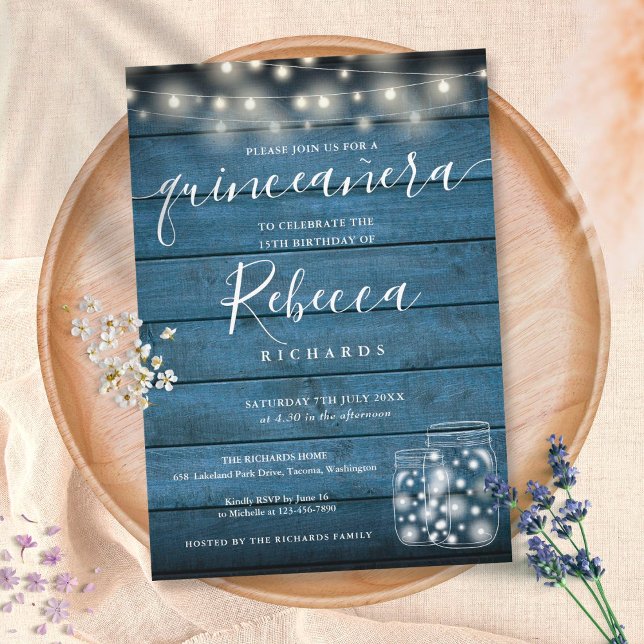 Blue Rustic String Lights Script Quinceañera 15th Invitation (Creator Uploaded)