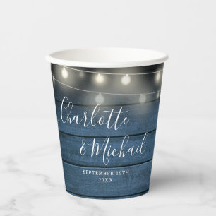Blue Rustic String Lights Signature Script Wedding Paper Cups