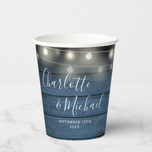 Blue Rustic String Lights Signature Script Wedding Paper Cups (Front)