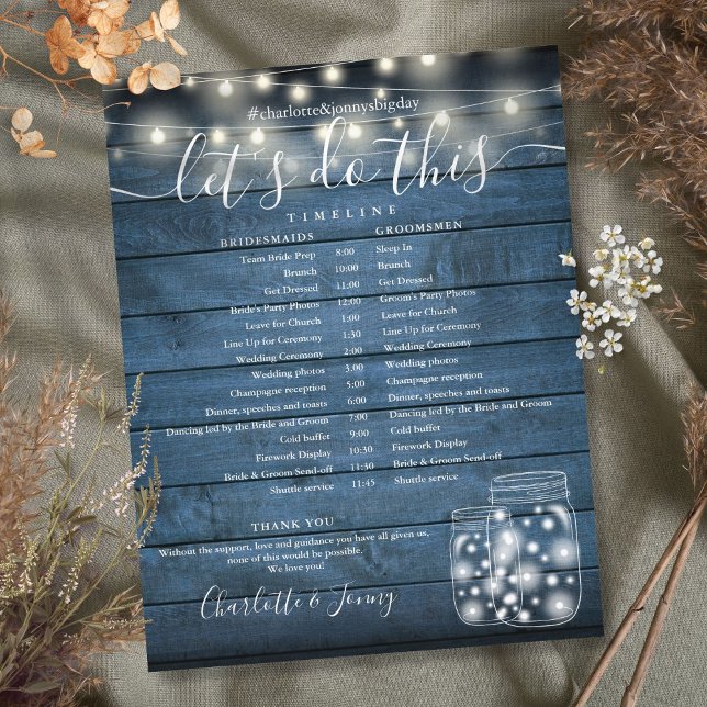 Blue Rustic String Lights Wedding Program Timeline (Blue Rustic String Lights Wedding Program Timeline)
