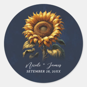 Blue Rustic Sunflower Wedding Bridal Shower  Classic Round Sticker