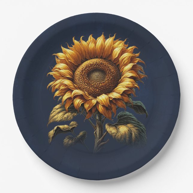 Blue Rustic Sunflower Wedding Bridal Shower  Paper Plate (Front)