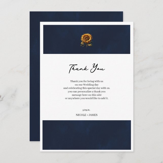 Blue Rustic Sunflower Wedding Thank You Invitation (Front/Back)