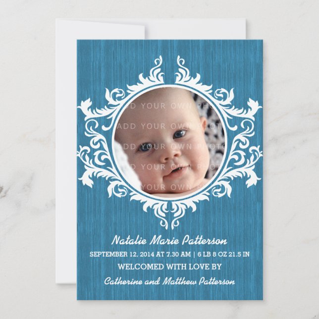Blue Rustic Swirls Baby Announcement (Front)