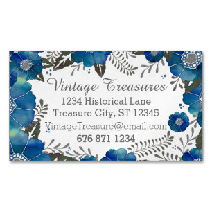 Blue Rustic Watercolor Floral Pattern Magnetic Business Card