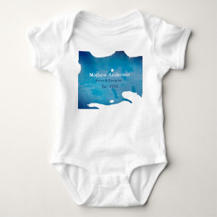 Blue rustic watercolor jeans texture add name titl baby bodysuit