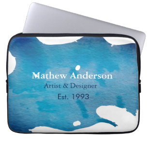 Blue rustic watercolor jeans texture add name titl laptop sleeve