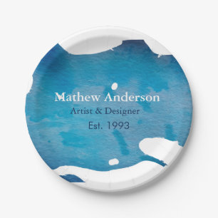 Blue rustic watercolor jeans texture add name titl paper plate