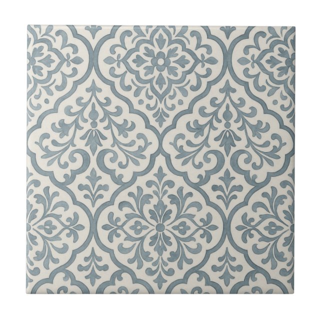 Blue Rustic Watercolor Moroccan Floral Tile (Front)