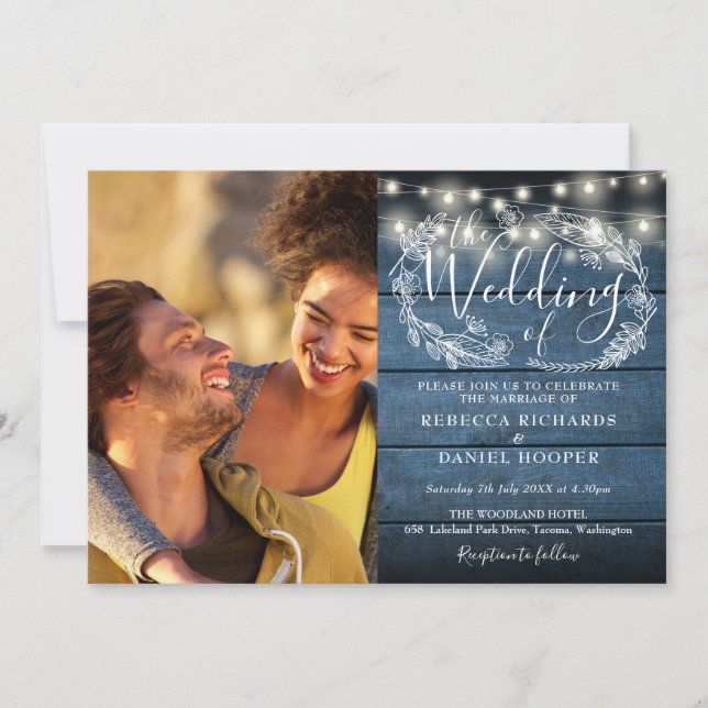 Blue Rustic Wood 2 Photo String Lights Wedding Invitation (Front)