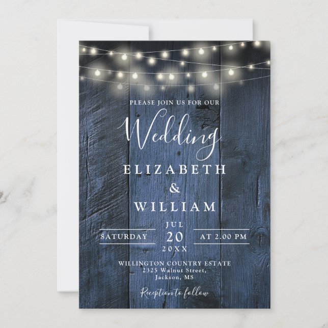 Blue Rustic Wood All In One String Lights Wedding Invitation (Front)