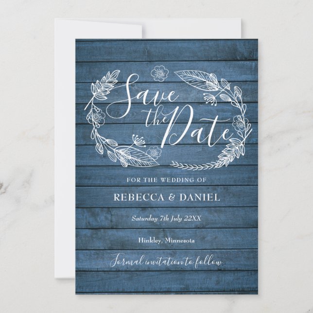 Blue Rustic Wood Country Floral Save The Date (Front)