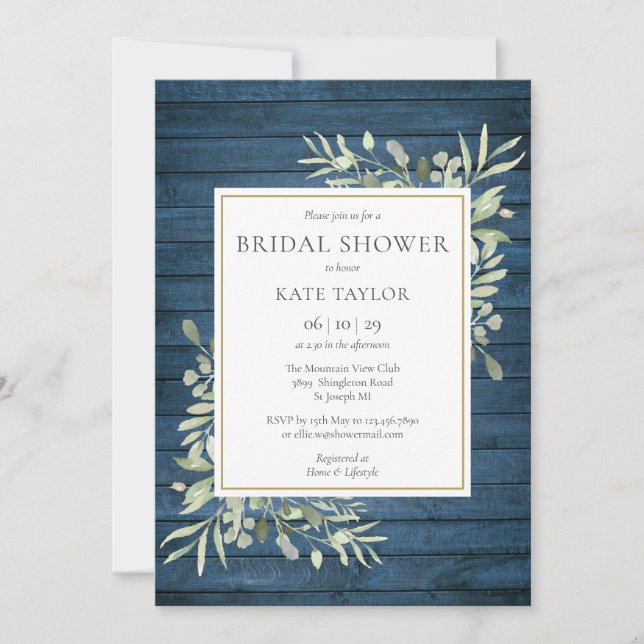 Blue Rustic Wood Country Greenery Bridal Shower Invitation (Front)