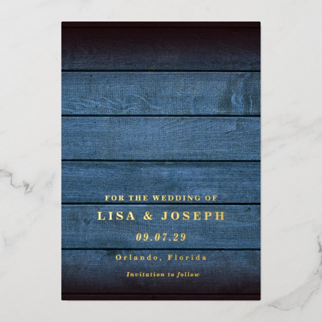 Blue Rustic Wood Country Script Save the Date (Front)