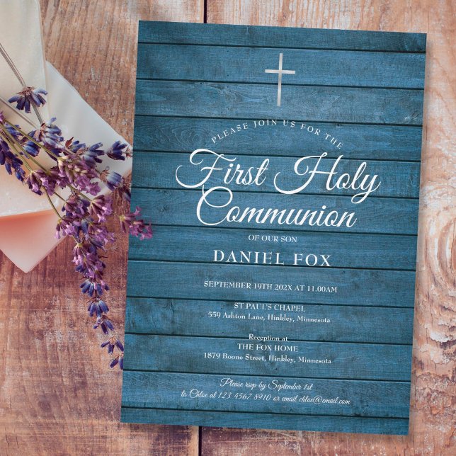 Blue Rustic Wood First Holy Communion Invitation (Creator Uploaded)