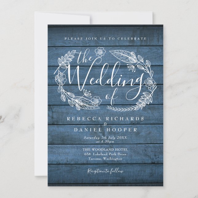 Blue Rustic Wood Floral Garland Script Wedding Invitation (Front)