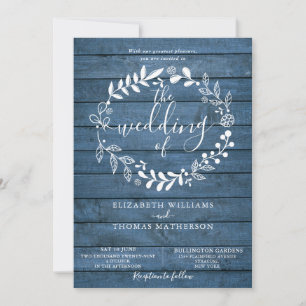 Blue Rustic Wood Floral Garland Wedding Invitation
