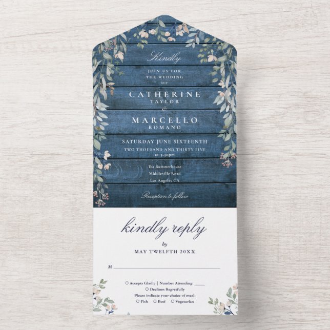 Blue Rustic Wood Floral Greenery Cascade Wedding A All In One Invitation (Inside)