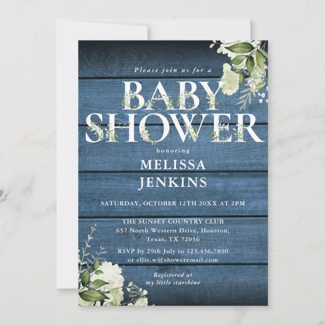 Blue Rustic Wood  Floral Letter Baby Shower Invitation (Front)