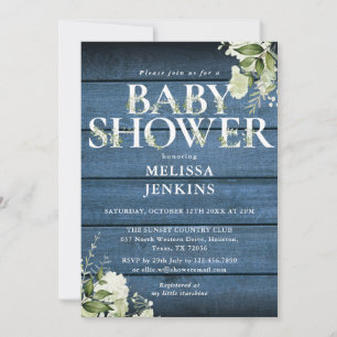 Blue Rustic Wood Floral Letter Baby Shower Invitation