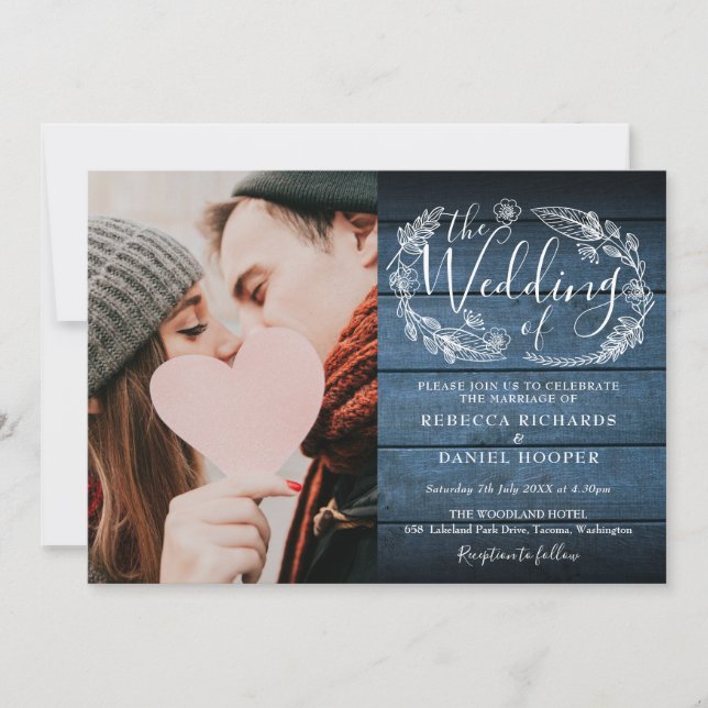 Blue Rustic Wood Foliage Photo All In One Wedding Invitation (Front)