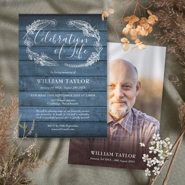 Blue Rustic Wood Funeral Celebration of Life Photo Invitation (Creator Uploaded)