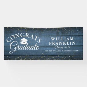 Blue Rustic Wood Gold Glitter Modern Graduation Banner