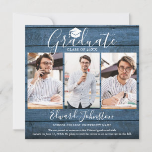 Blue Rustic Wood Graduate 4 Photo Graduation Announcement